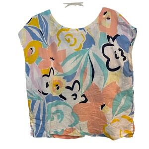 Rachel Zoe Shirt 100% Linen Blouse Top Pastel Floral Abstract Button Back Large